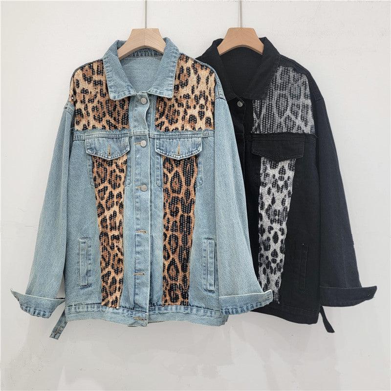 Veste en jean léopard sauvage – Mode cow-girl élégante avec imprimé léopard et paillettes