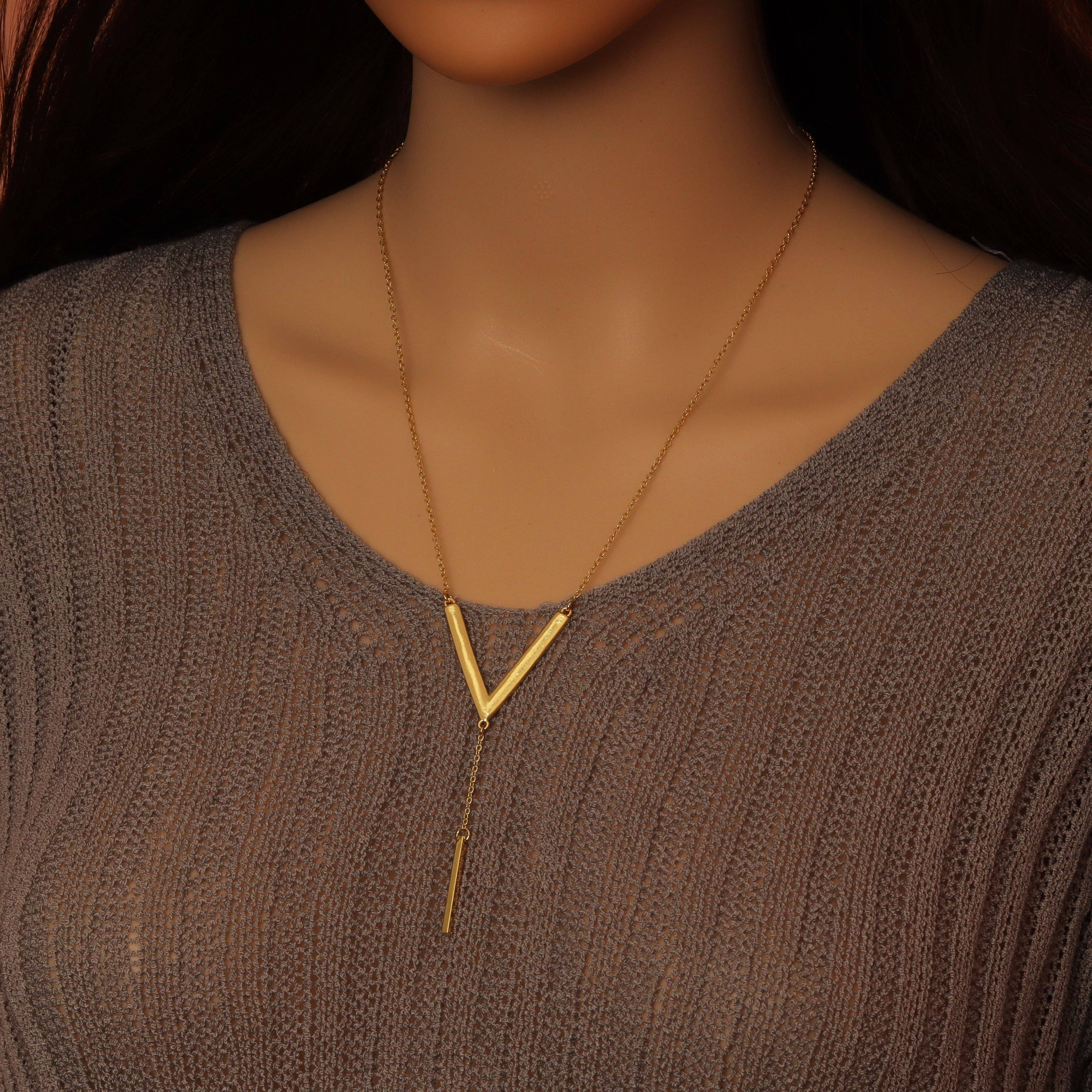 Gold Link V Shape Pendant with Bar Y shape Necklace, Sku#EF626