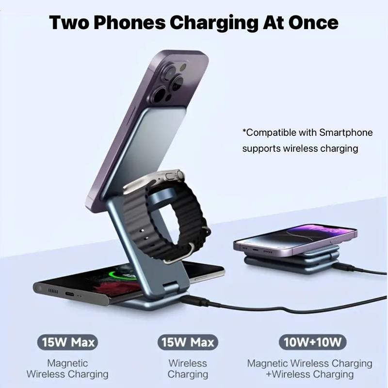 UNIQNOVA 3In1 Wireless Fast Charging Station for Iphone 17/16/15/14/13/12 Series, Airpods 3/2/Pro, Iwatch - Mag-Safe Metallic Foldable Charger Stand