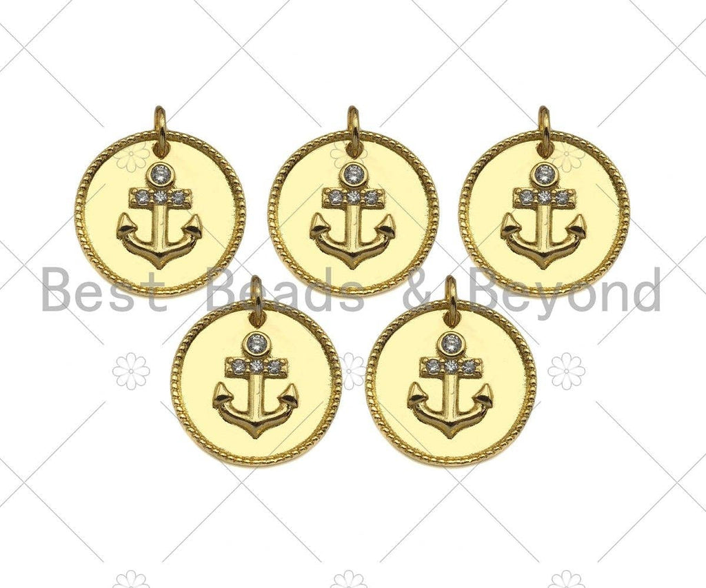 Gold Filled CZ Micro Pave Boat Anchor On Round Coin Shape Pendant, 18K Gold Filled Medallion  Charm, Necklace Bracelet Charm,16mm,Sku#LK340