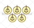 Gold Filled CZ Micro Pave Boat Anchor On Round Coin Shape Pendant, 18K Gold Filled Medallion  Charm, Necklace Bracelet Charm,16mm,Sku#LK340