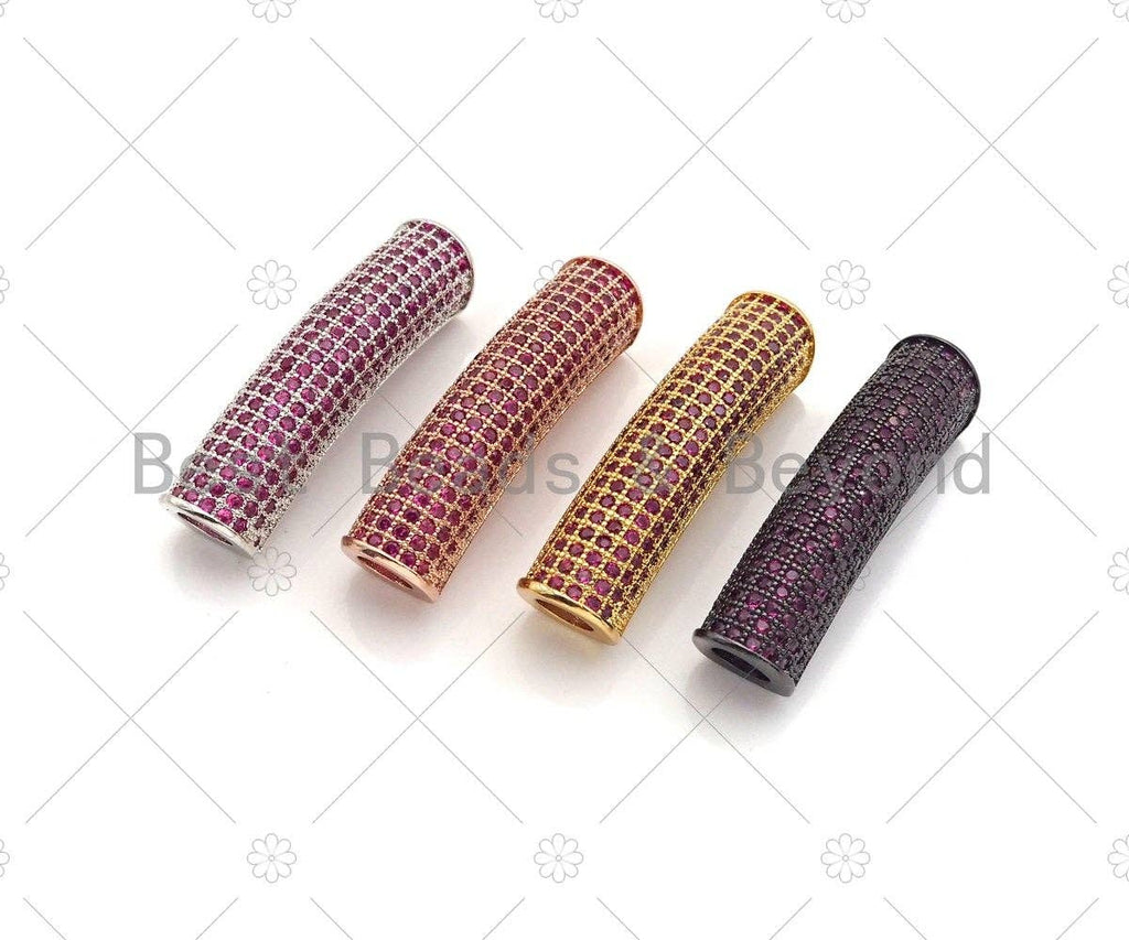 Fuchsia CZ Micro Pave Half Full Pave Tube for Bracelet/Necklace, CZ Spacer Tube in Silver/Gold/Rose Gold/Black, Tube Beads, 38x8mm,sku#ML09