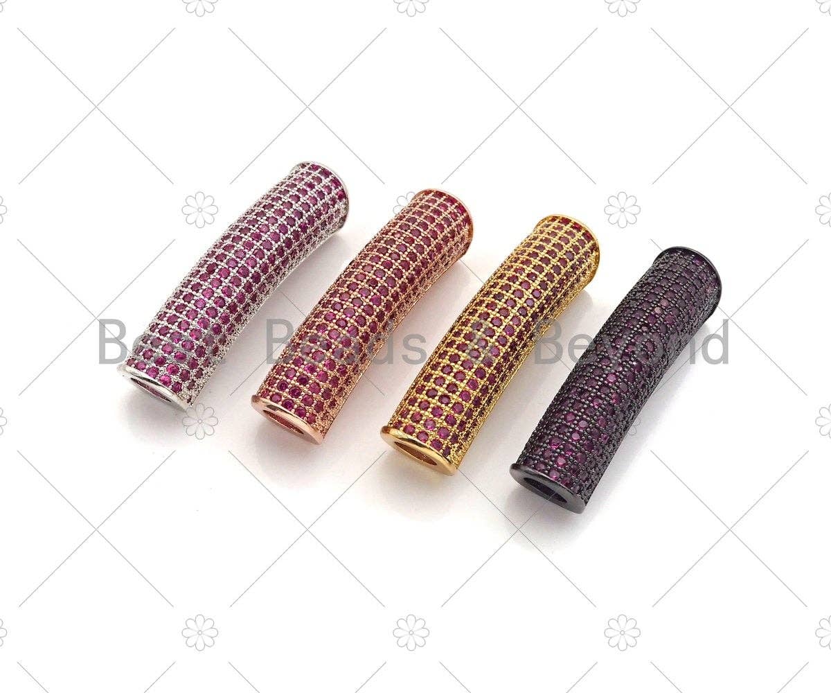 Fuchsia CZ Micro Pave Half Full Pave Tube for Bracelet/Necklace, CZ Spacer Tube in Silver/Gold/Rose Gold/Black, Tube Beads, 38x8mm,sku#ML09