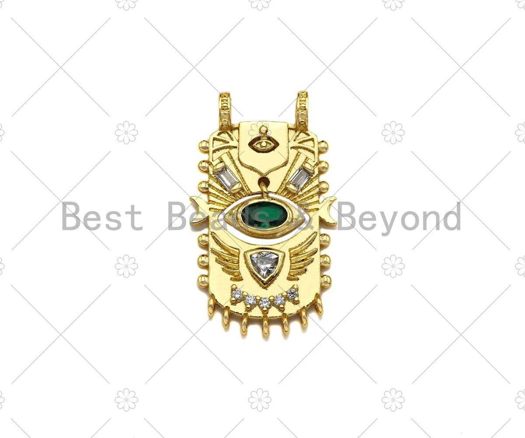 CZ Micro Pave Green Evil Eye On Rectangle Shield Shape Pendant,Evil Eye Shaking Back and Forth Charm, Gold Charm,16x28mm,Sku#Z1323