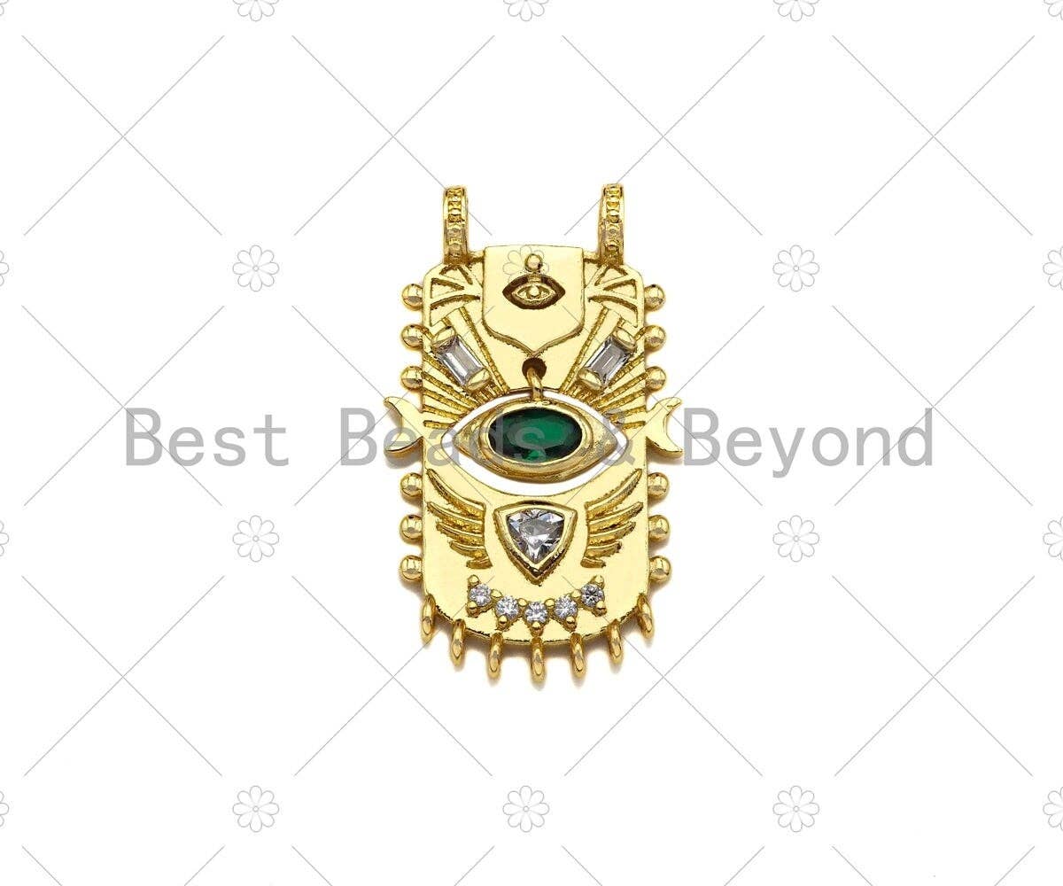 CZ Micro Pave Green Evil Eye On Rectangle Shield Shape Pendant,Evil Eye Shaking Back and Forth Charm, Gold Charm,16x28mm,Sku#Z1323