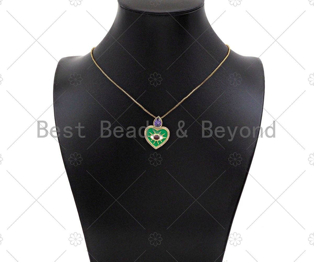 Fuchsia CZ Evil Eye On Green/Black Enamel Heart Pendant, 18K Gold Filled CZ MicroPave Charm, Necklace Bracelet Charm, 20x27mm,Sku#Z1264