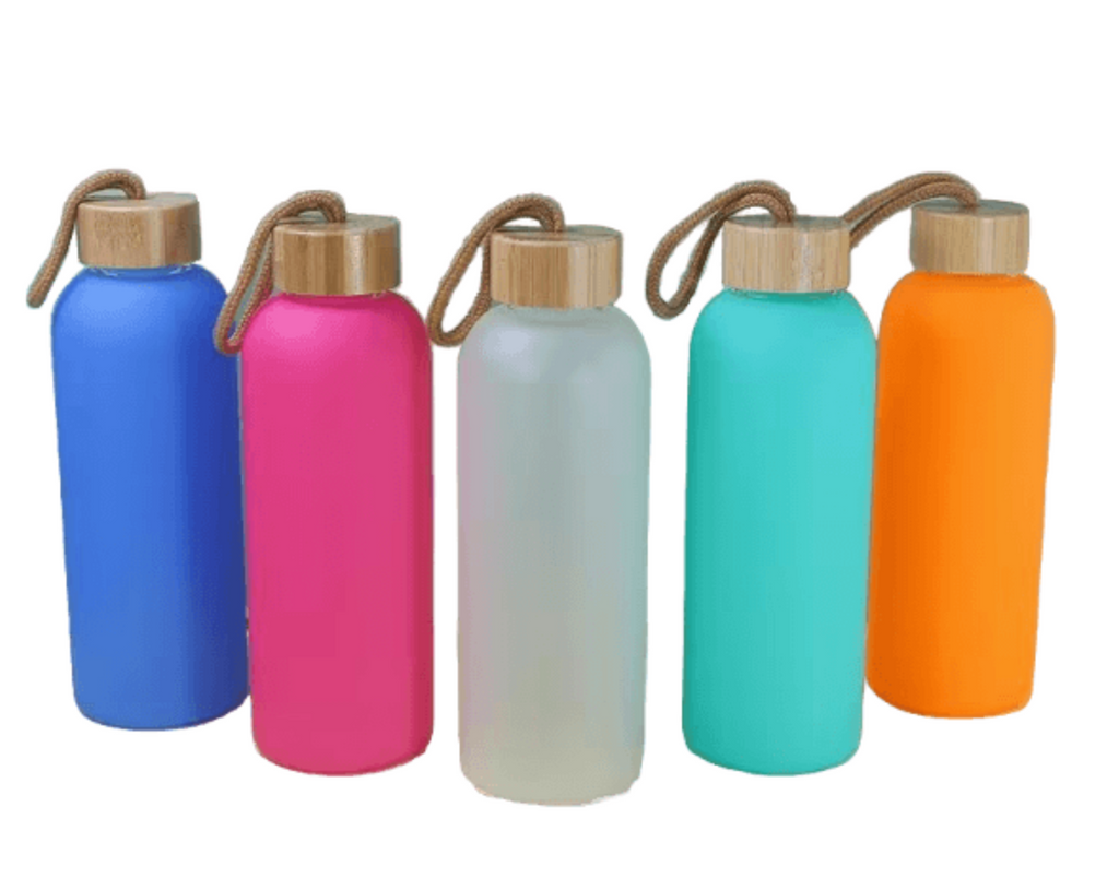 Bouteille de sport en verre coloré à sublimation de 750 ml (comprend un couvercle en bambou)