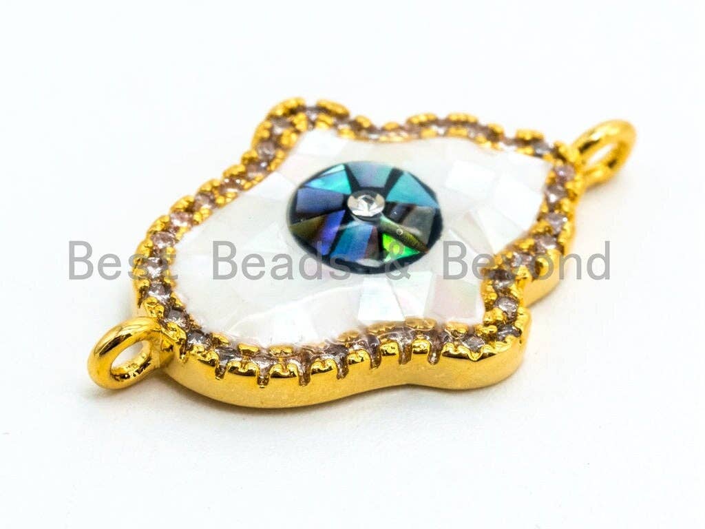 CZ Micro Pave Hamsa Hand Connector with Abalone Pearl Shell, Cubic Zirconia Connector, CZ Abalone Pearl Stone Charm 14x22mm, 1pc,SKU#Z22