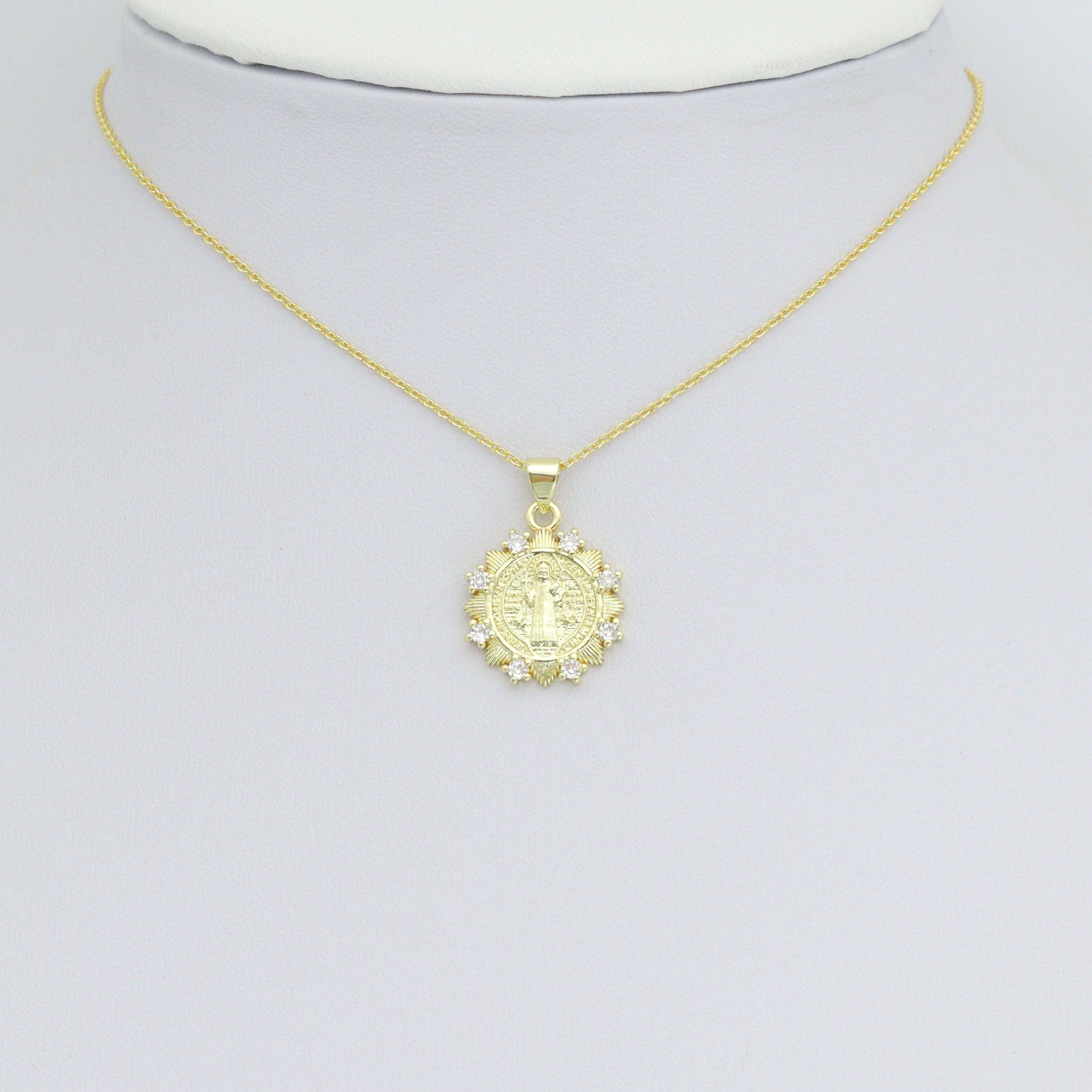 CZ Gold Saint Flower Coin Charm Pendant, Sku#LK1184