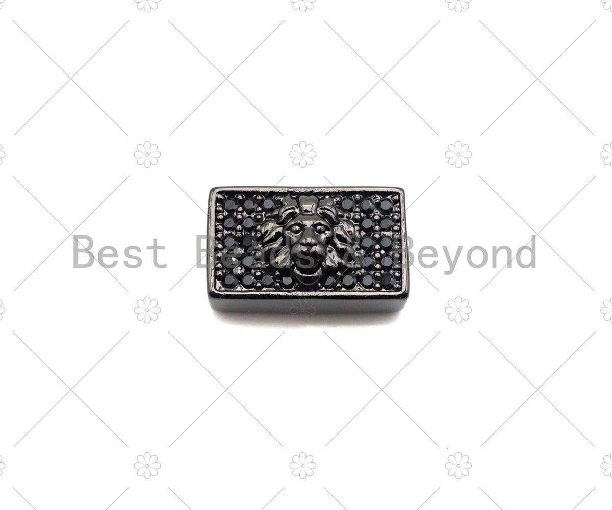 Black CZ Large Hole Embossment Lion Head Spacer Pave Beads, Cubic Zirconia Cuboid Spacer Beads, Men's Bracelet Findings,13x8mm, SKU#LD10