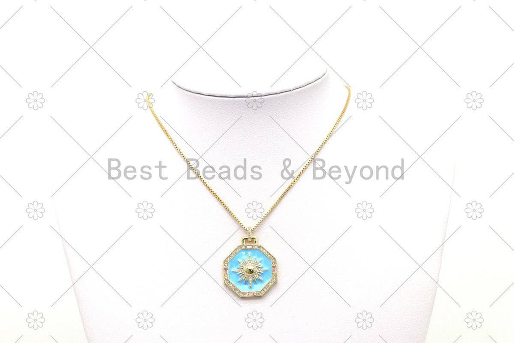 CZ Micro Pave Sun on Blue Enamel Octagon Shape Pendant, 18K Gold Filled Sunburst Charm, Necklace Bracelet Charm Pendant,Sku#Y548