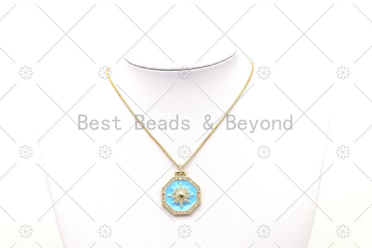 CZ Micro Pave Sun on Blue Enamel Octagon Shape Pendant, 18K Gold Filled Sunburst Charm, Necklace Bracelet Charm Pendant,Sku#Y548
