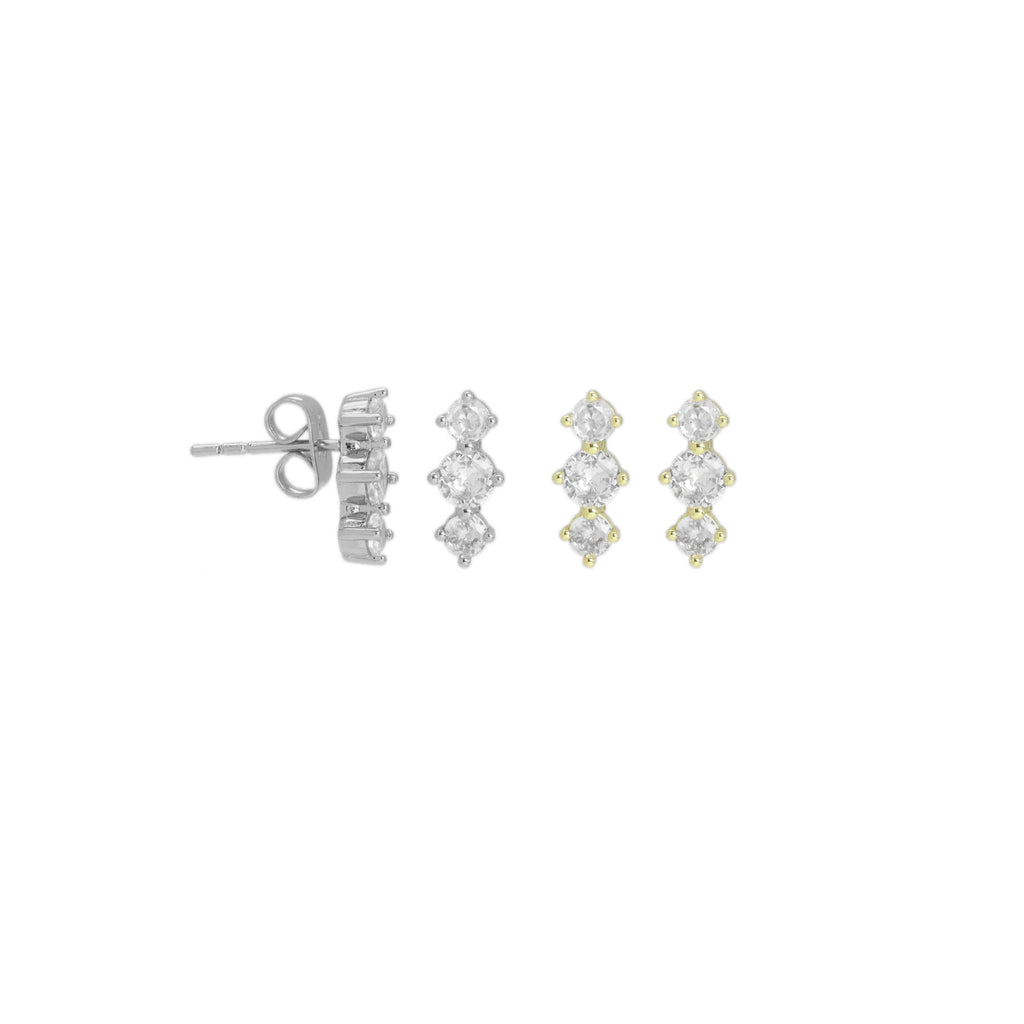 Gold Silver Three Round CZ in a Raw Stud Earrings, Sku#A290
