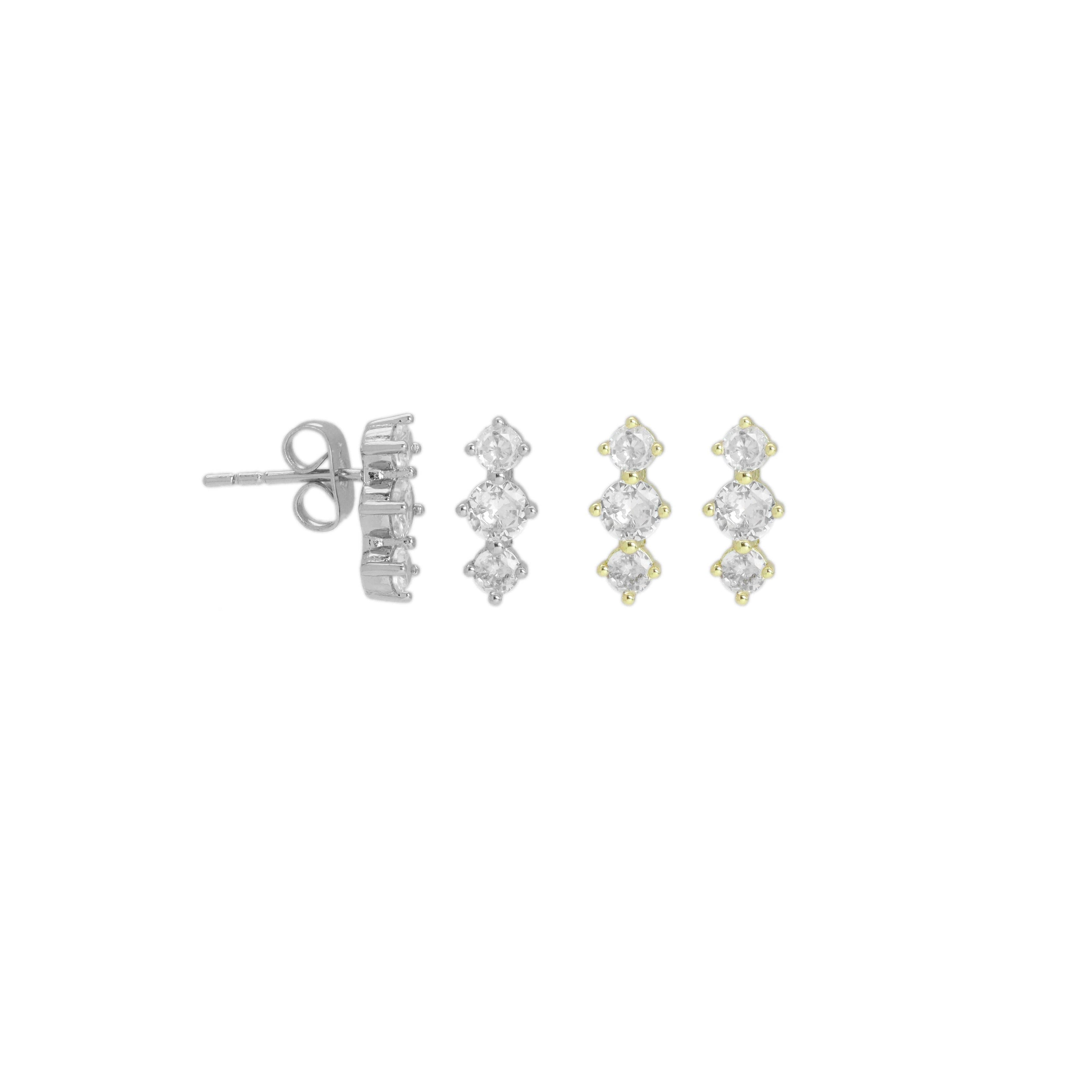 Gold Silver Three Round CZ in a Raw Stud Earrings, Sku#A290