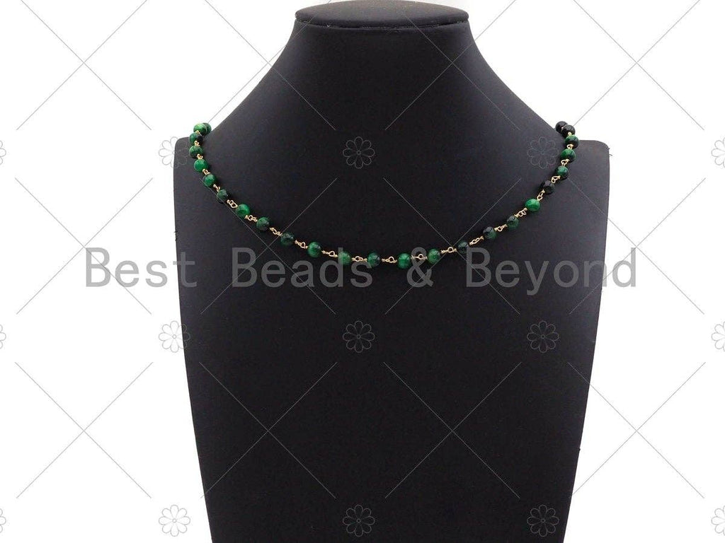 Green/Navy Blue/Teal Blue High Quality Tiger Eye Rosary Chain, 6mm Beaded Chain, Wire Wrapped Gold Chain,Sku#V78