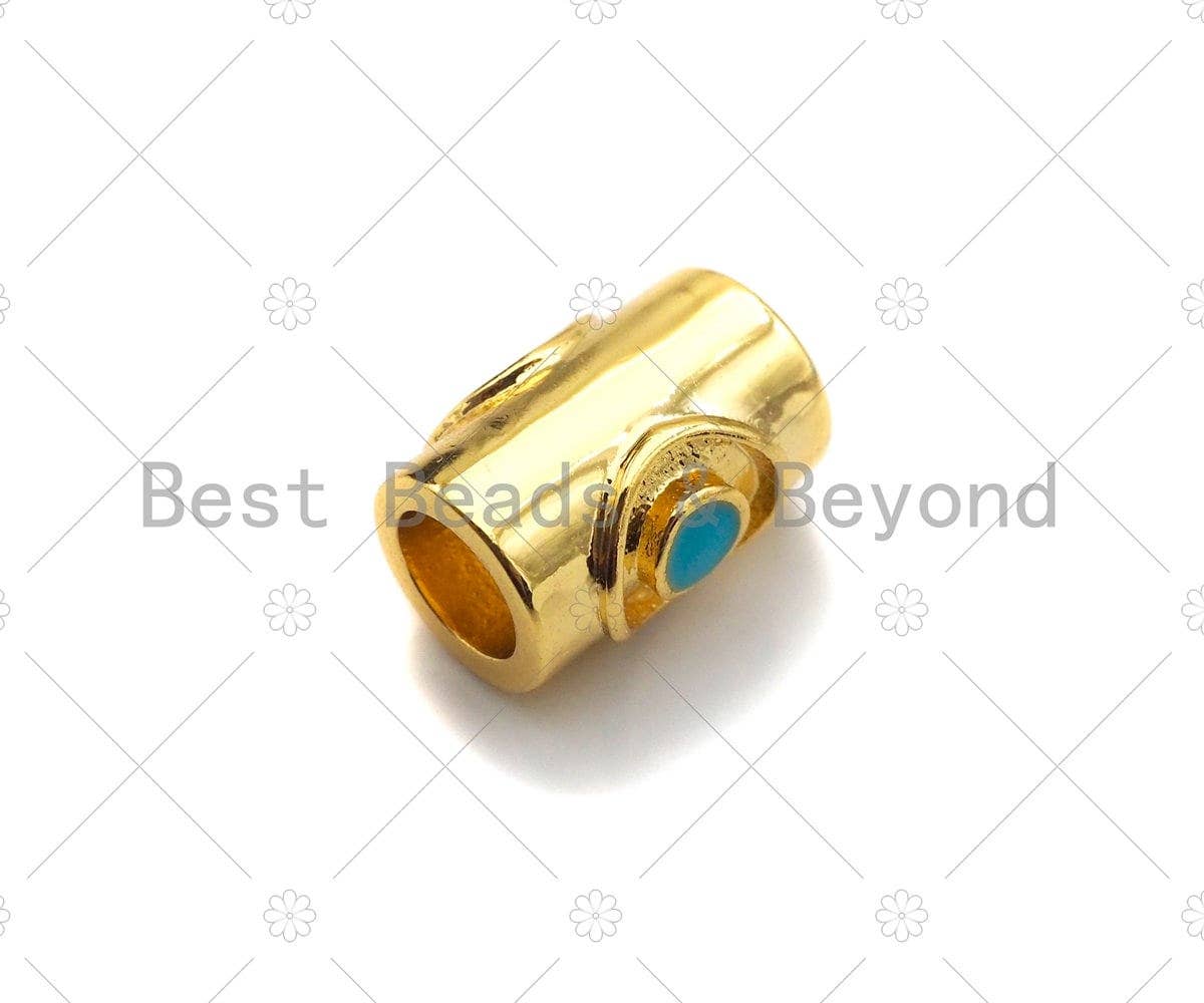 18K Gold High Polished Turquoise Evil Eye Tube Spacer Bead, Large Hole Shaper Beads, Men's Jewelry Findings, Bracelet Beads, 9x7mm, Sku#Y386