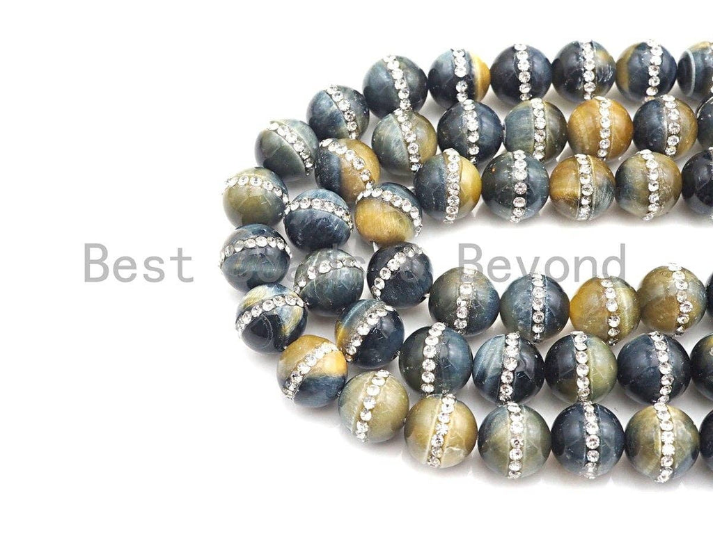 High Quality Natural Tiger Eye with Rhinestone Inlaid, 6mm/8mm/10mm/12mm, Tiger eye Beads, 15.5'' Full Strand, SKU#V50