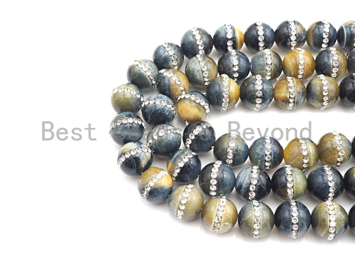 High Quality Natural Tiger Eye with Rhinestone Inlaid, 6mm/8mm/10mm/12mm, Tiger eye Beads, 15.5'' Full Strand, SKU#V50