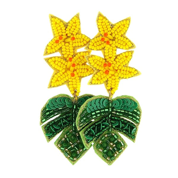 Boucles d'oreilles feuille de palmier perlées