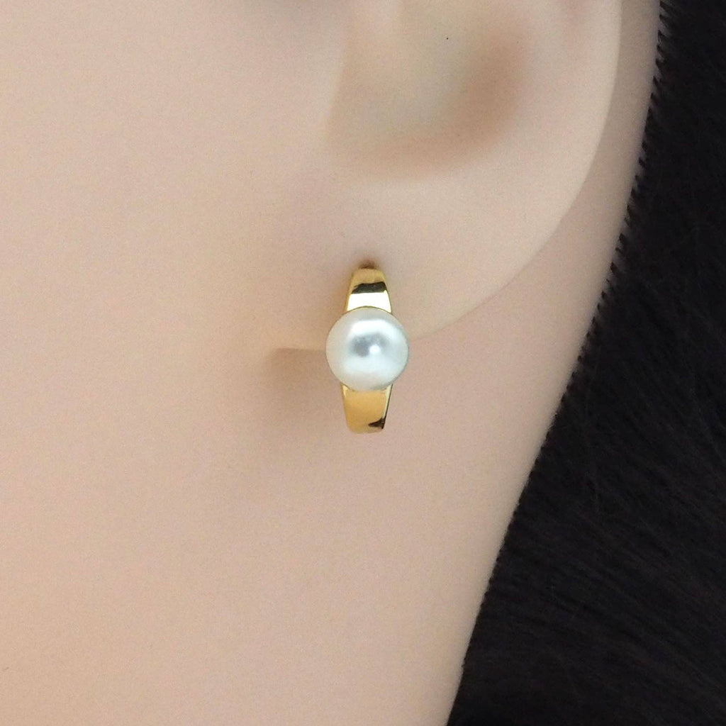 CZ Gold Silver Pearl Hoop Earrings, Sku#B360