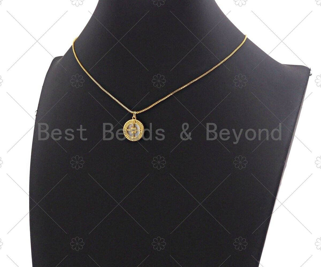 18K Gold CZ Micro Pave Compass on Mother-of-pearl Pendant Charm, Cubic Zirconia Compass Cross Charm, 16mm,sku#Z1133