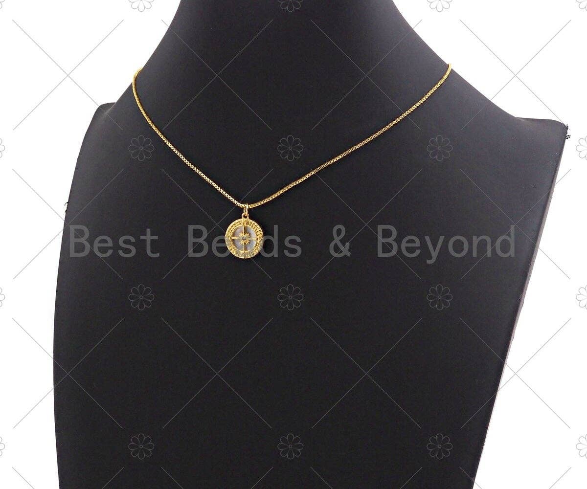 18K Gold CZ Micro Pave Compass on Mother-of-pearl Pendant Charm, Cubic Zirconia Compass Cross Charm, 16mm,sku#Z1133