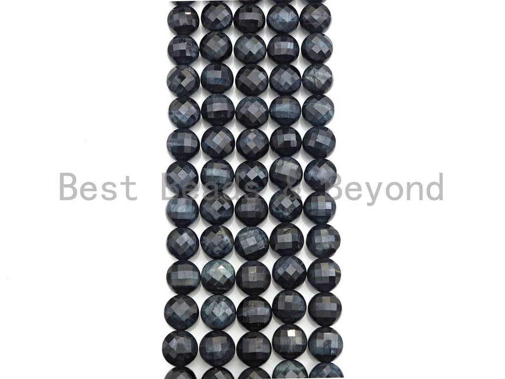 High Quality Natural Double Sided Turtle Shell Cut Blue Tiger Eye Coin Shape beads,10mm Checkerboard Cut Beads, 15.5" Full strand, Sku#UA86