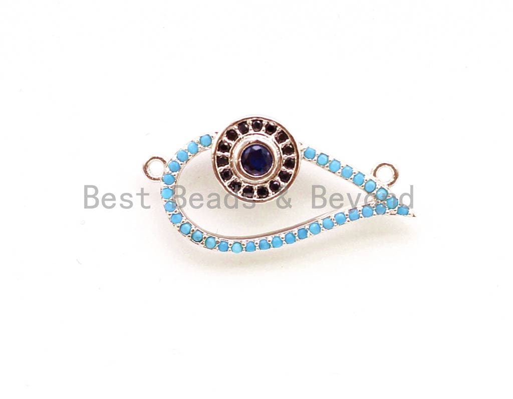 CZ Micro Pave Turquoise Evil Eye Connector, Cubic Zirconia Space Connector, 13x26mm, CZ Pave Beads, sku#E18C