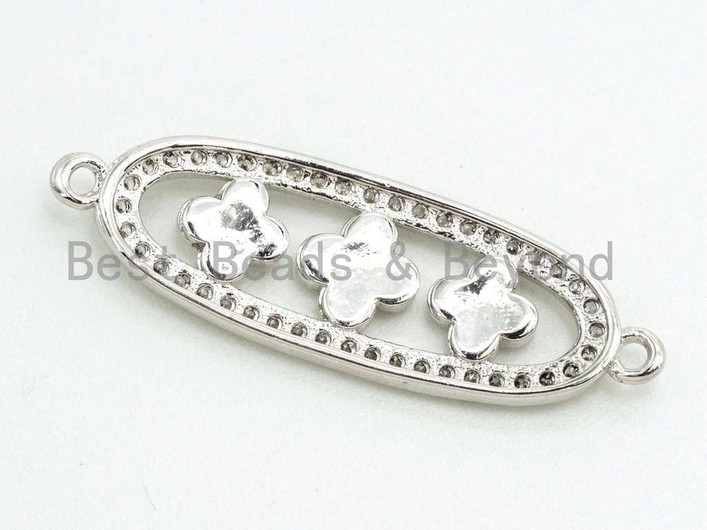 CZ Clear Micro Pave Four-leaf Beads On Oval Shaped Connector for Bracelet/Necklace, Cubic Zirconia Link Connector,10x32mm, 1pc, sku#Z35