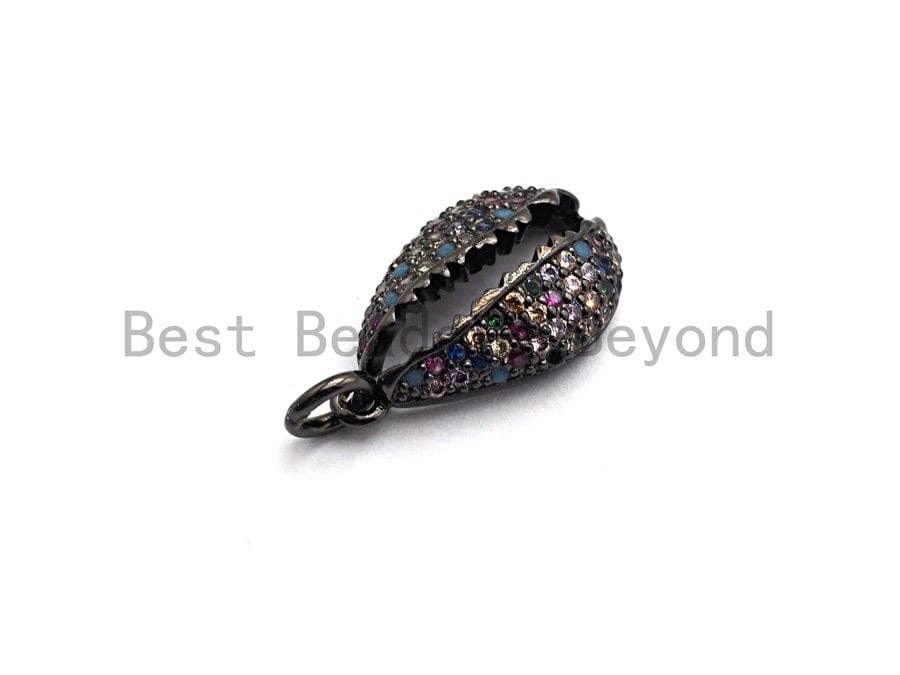 CZ Rainbow Micro Pave Pendant,CZ Paved Cowire Shell Shape Charm, Gold/Silver/Rose Gold/Black Cowire Pendant, 18x11mm, Sku#F747