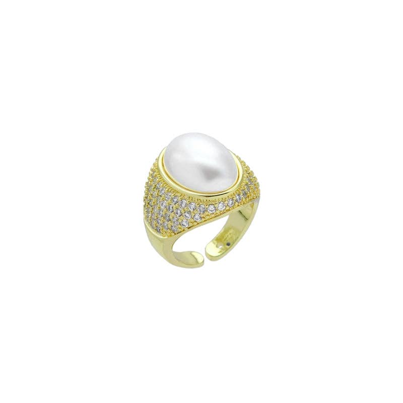 CZ Gold Oval White Pearl Statement Adjustable Ring, Sku#LX692