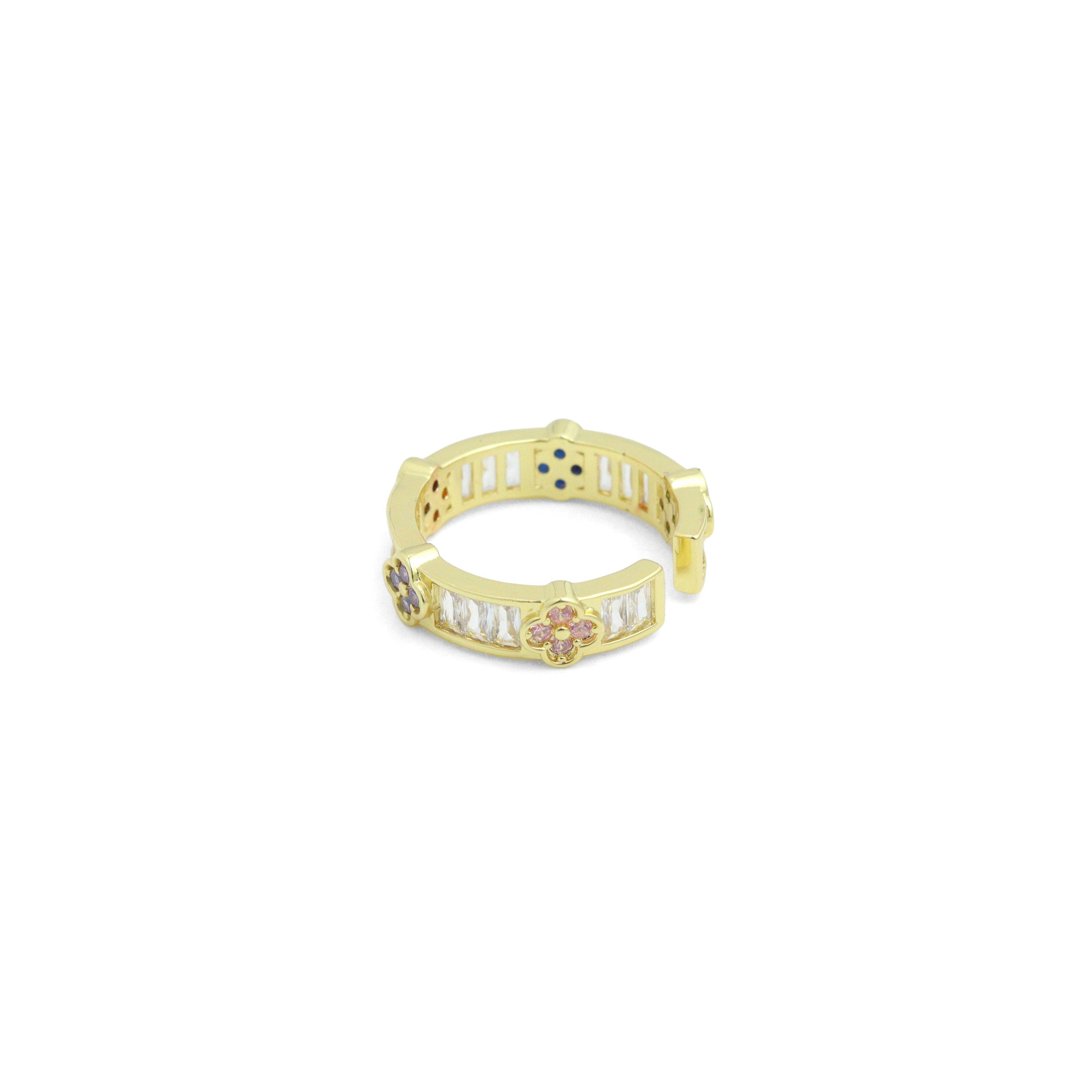 Baguette CZ Colorful Flower band Adjustable Ring, Sku#A491