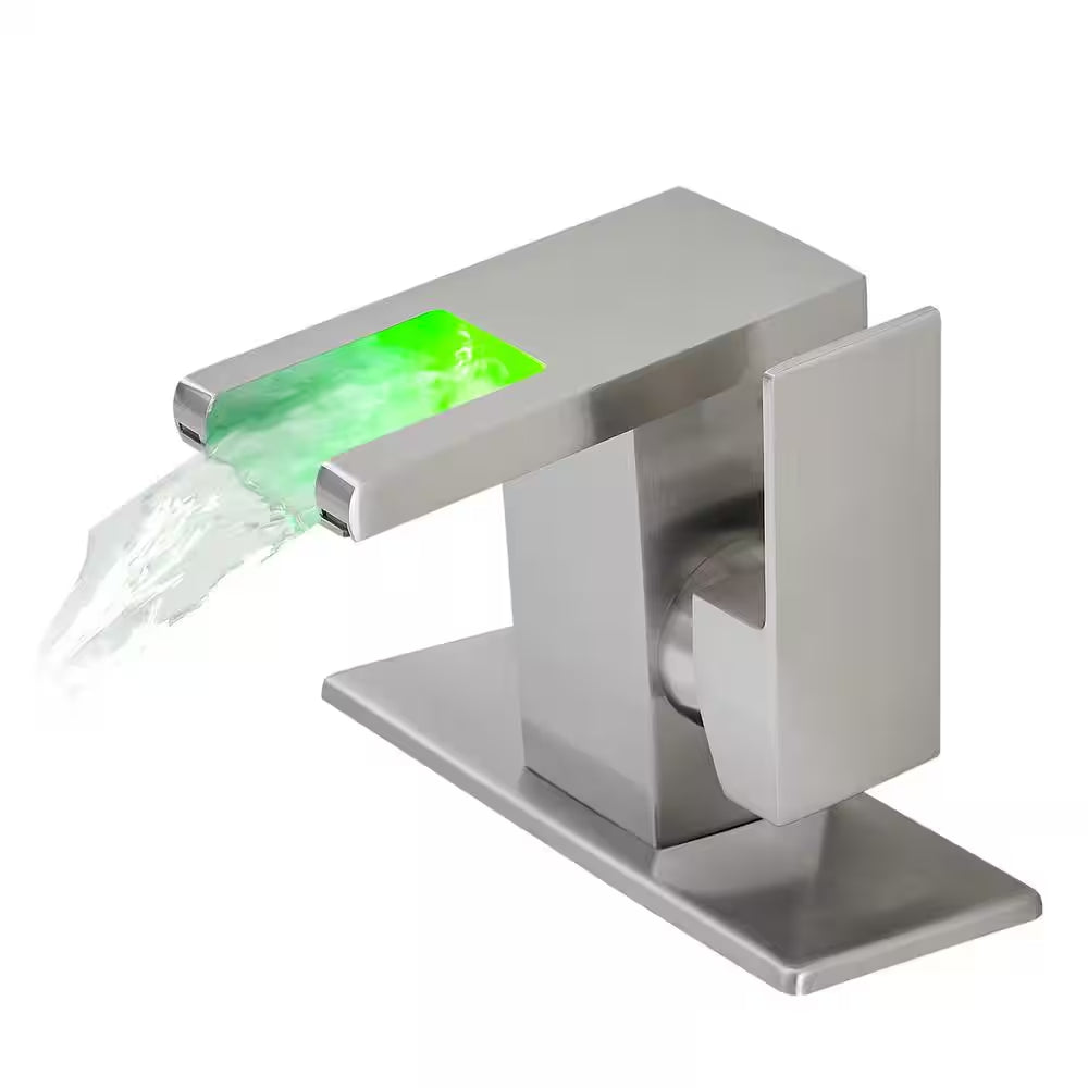 Single Handle Single Hole LED Bathroom Faucet with Deckplate Included Waterfall Bathroom Sink Faucets in Brushed Nickel