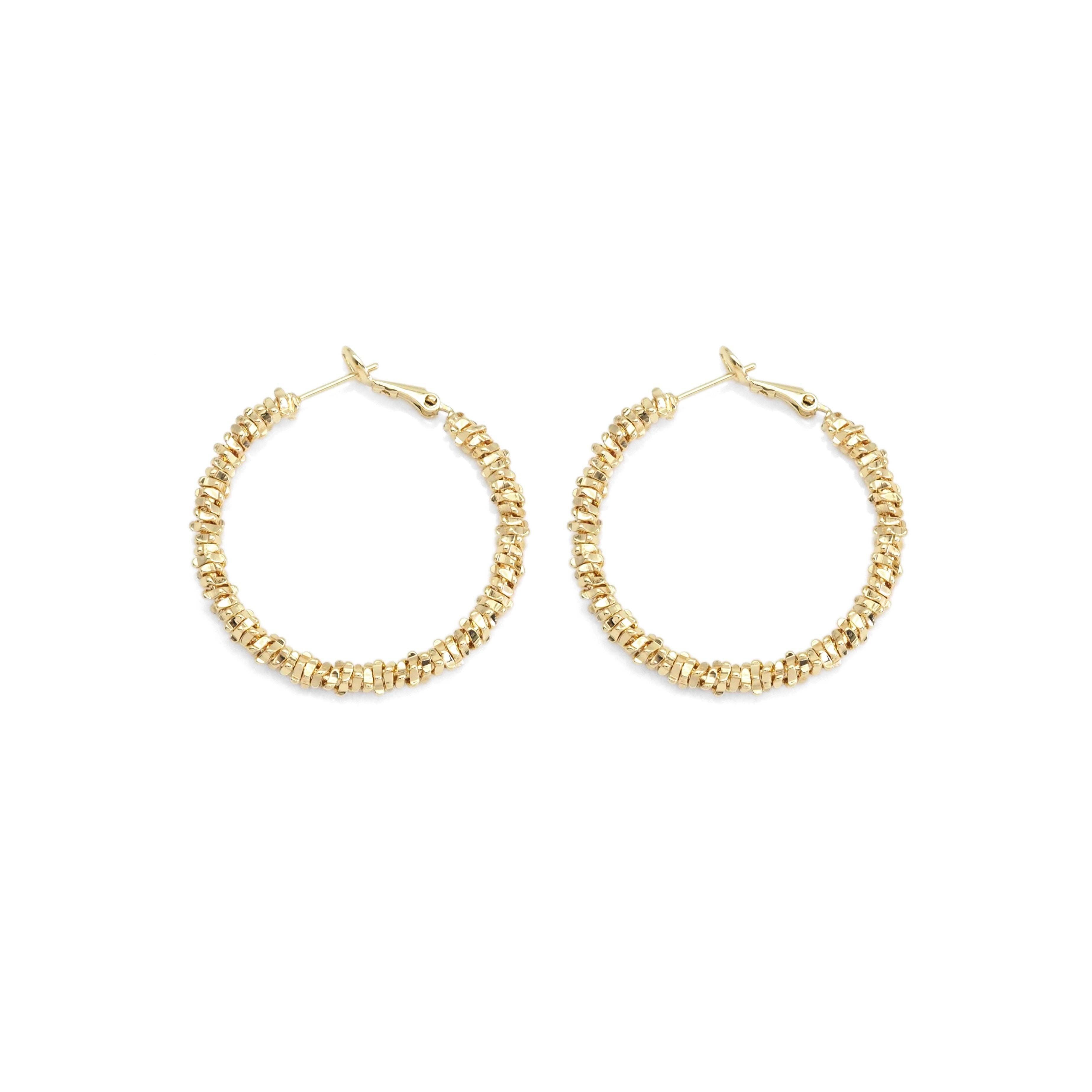 Gold Chip Beads Round Hoop Earrings, Sku#ZX135