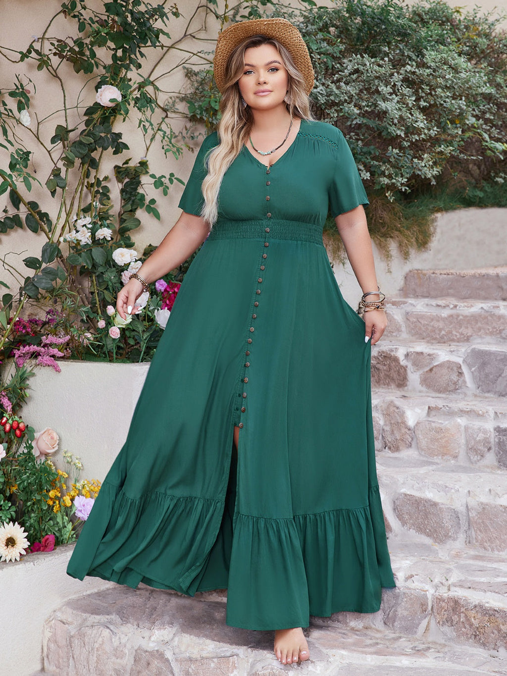 Button Detail V-Neck Short Sleeve Maxi Dress