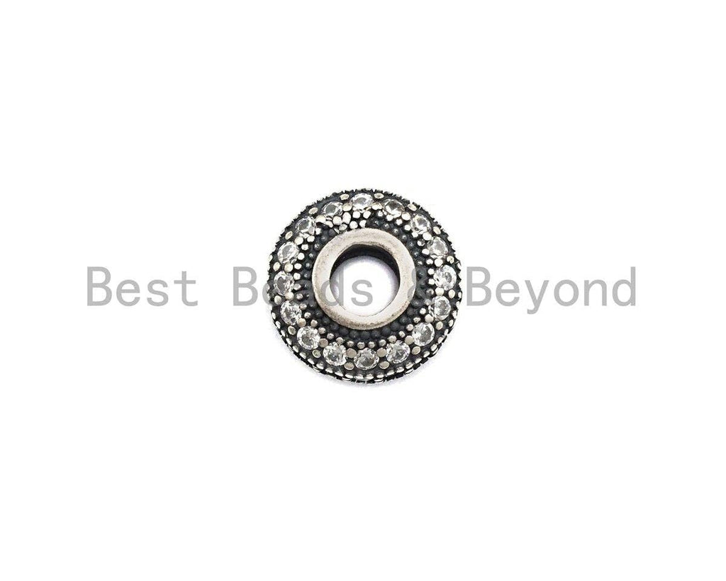 CZ Donut Shaped Micro Pave Space Beads in Antique Silver, Cubic Zirconia Space Beads, Rhidium Rondelle Big hole Beads, 10x5mm, sku#X124