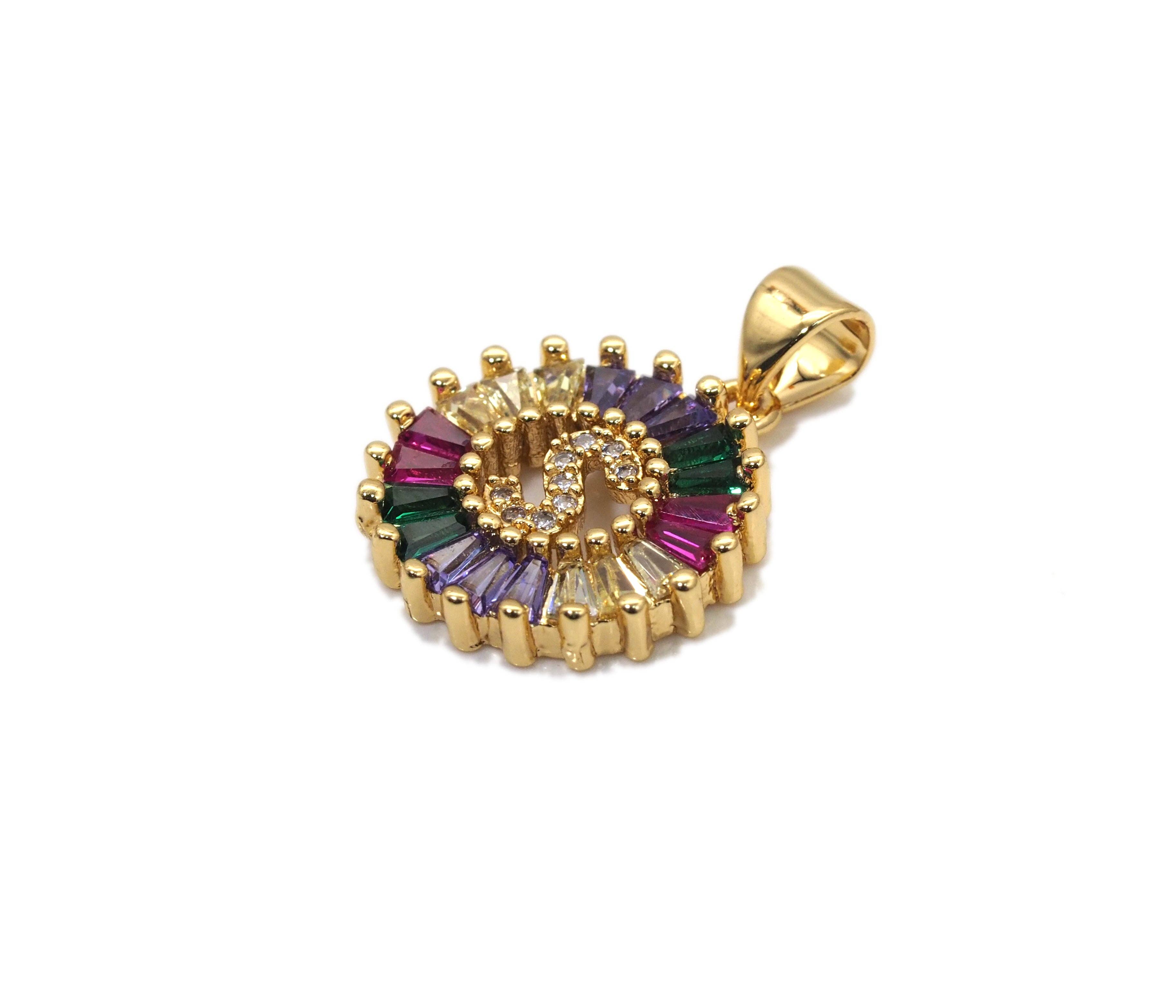 Colorful Baguette CZ initial Letters Round Charm, Sku#JL174