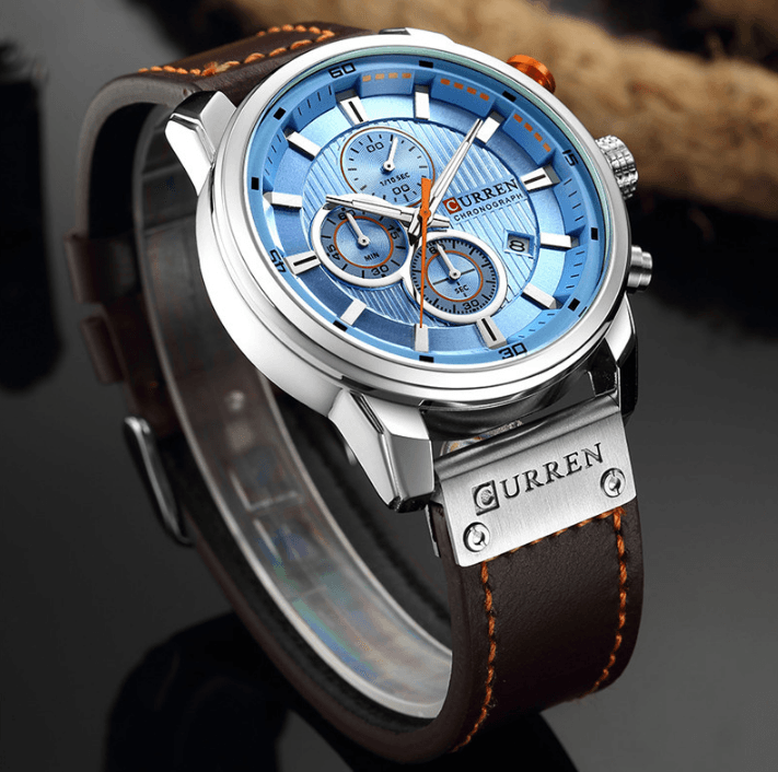 Montre de sport élégante et étanche pour homme avec chronomètres, affichage de la date, bracelets en cuir et verre Hardlex résistant aux rayures. Cadeau idéal pour lui.