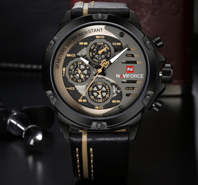 Montre de Sport Étanche Homme avec Chronomètres et Bracelet en Cuir Montre-Bracelet Multifonction Design Unique Cadeau Parfait