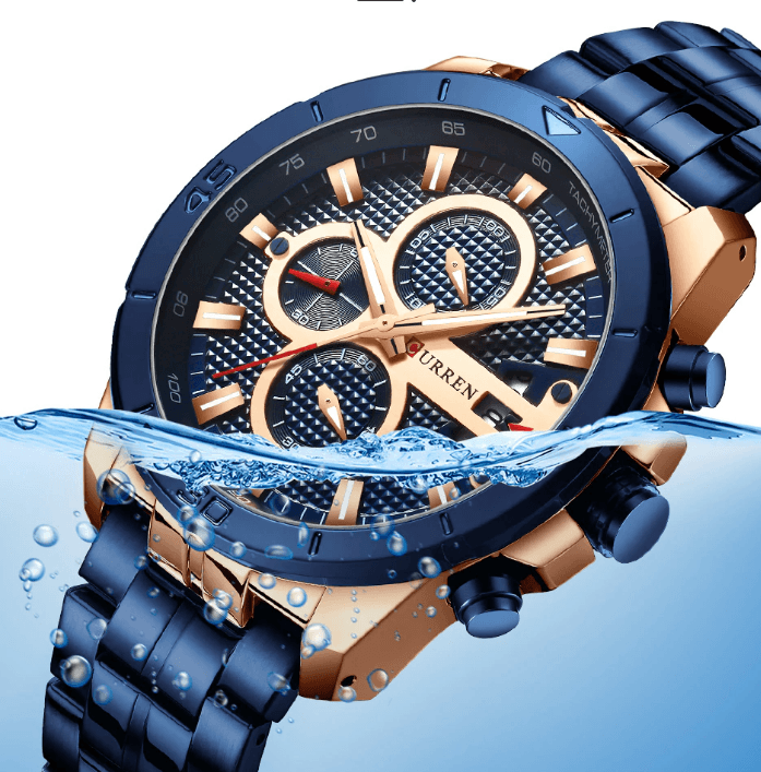 Montre étanche pour homme avec chronomètres, affichage du jour et aiguilles fluorescentes. Design de luxe unique. Cadeau parfait.