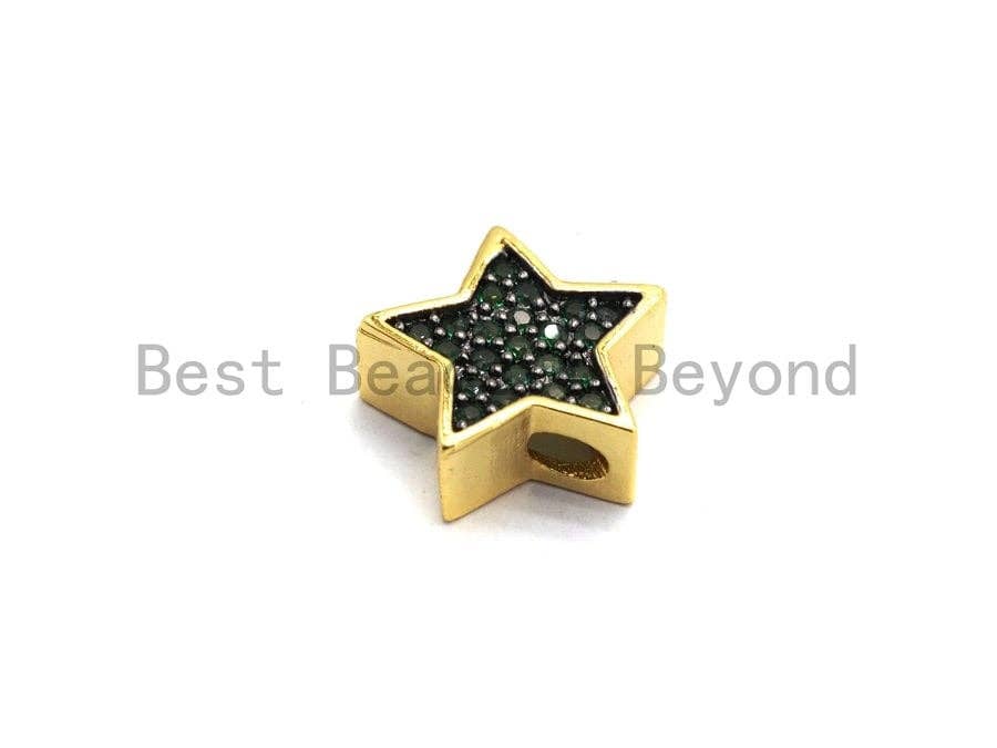 CZ Micro Pave Five Point Star Beads, Fuchsia/Turquoise/Cobalt/Black/Green/Champagne Gold  Plated Beads, Bracelet Beads, 11mm, sku#E449