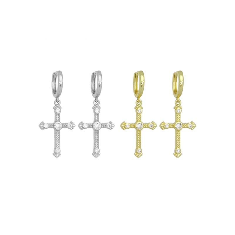 Gold Silver CZ Cross Dangle Hoop Earrings, Sku#LX738