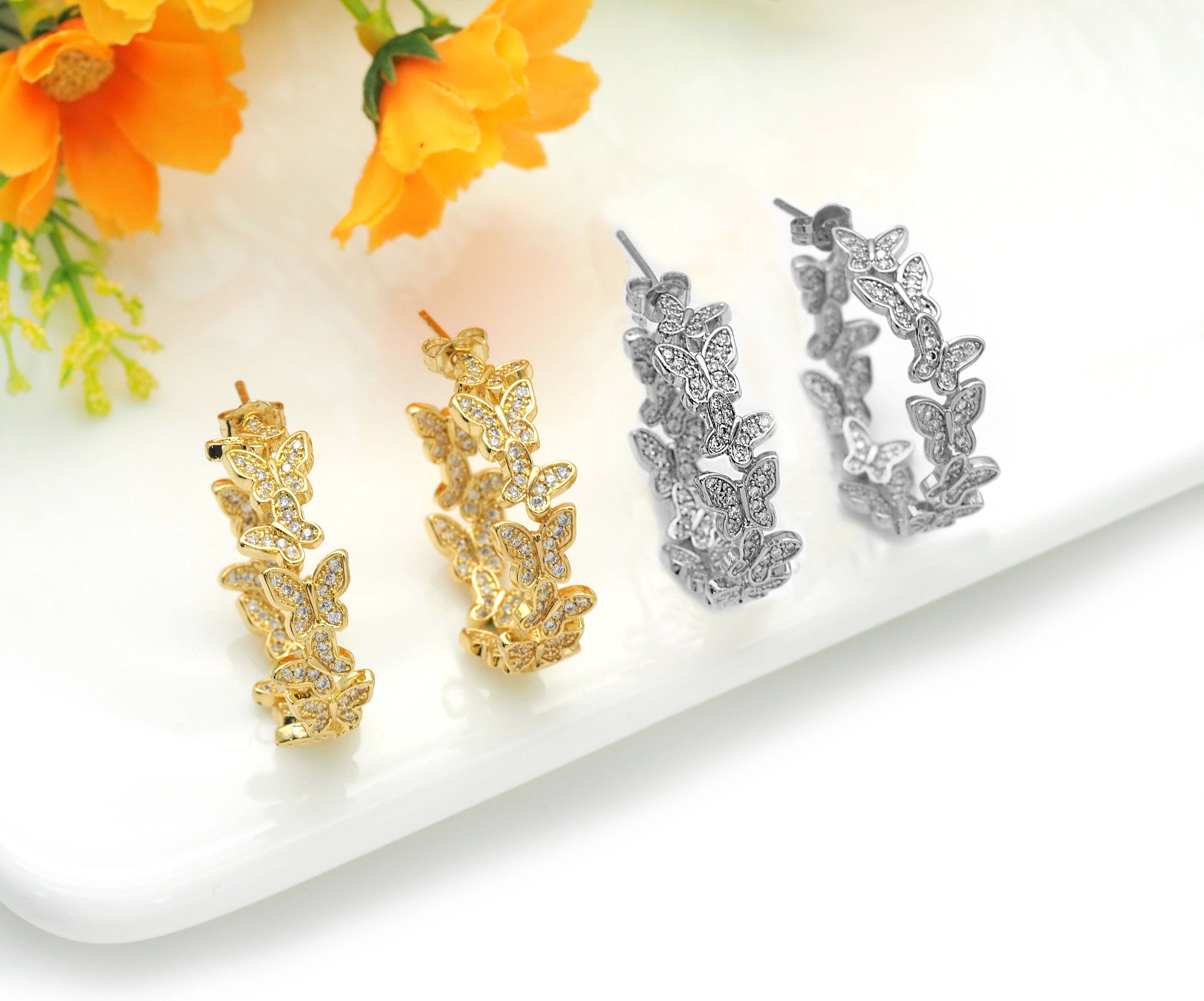 CZ Gold Butterfly Round Stud Earrings, Sku#J370