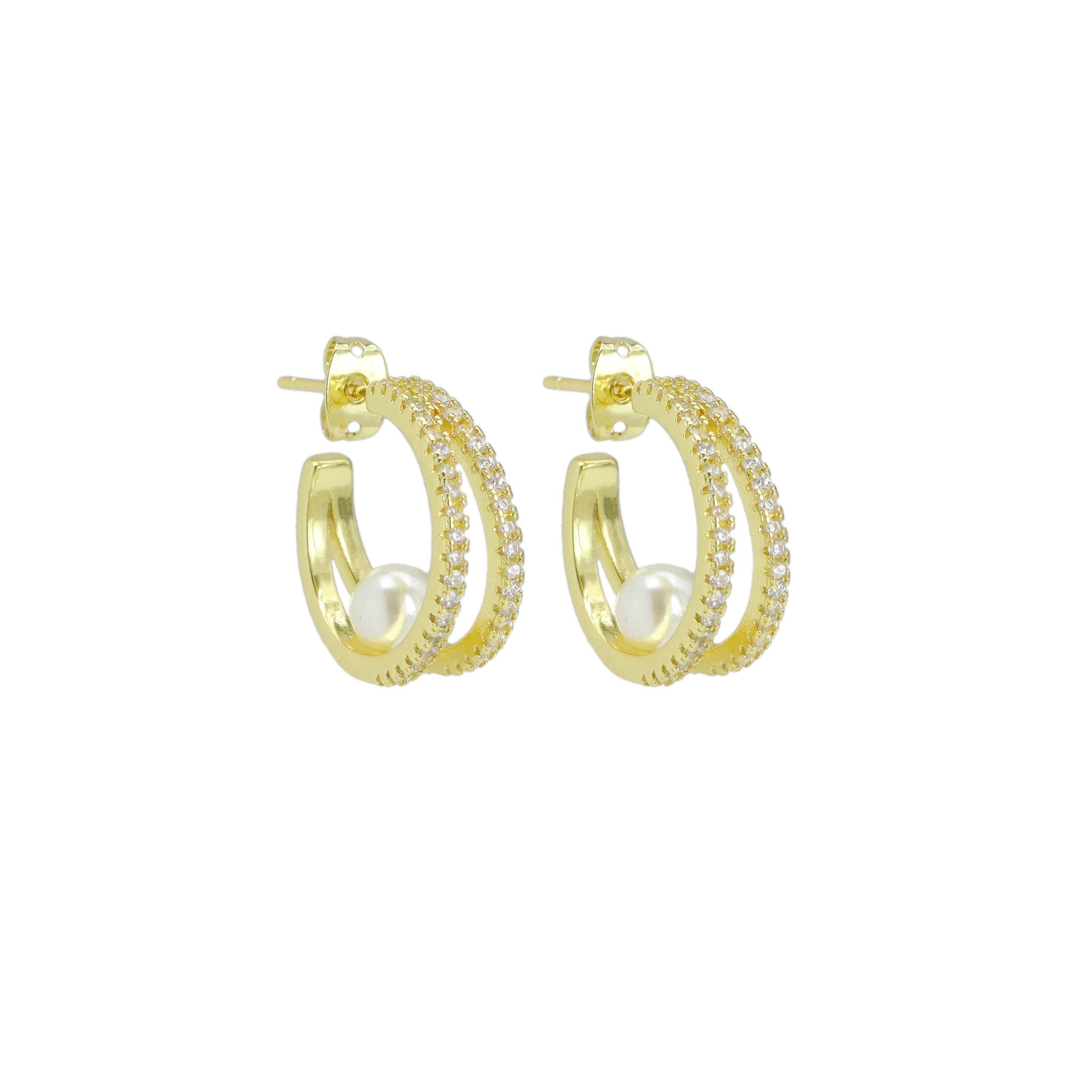 Clear CZ Double Line Pearl Earrings, Sku#LK1013