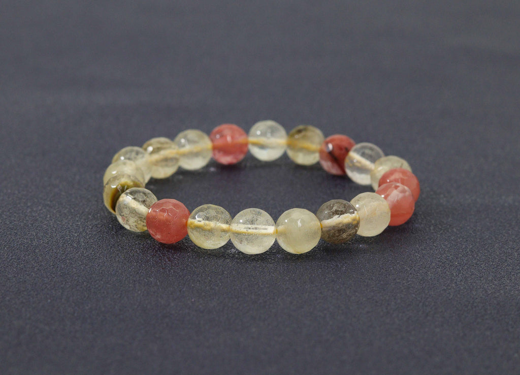 Round Faceted Strawberry and Golden Quartz Beads Stretchy Bracelet, Sku#EF109