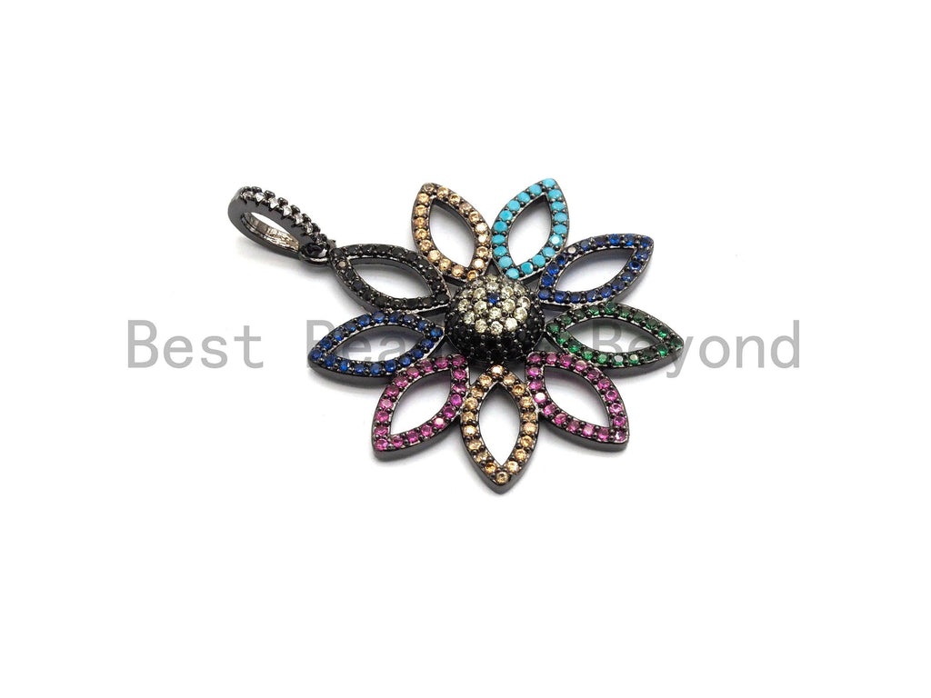 Colorful CZ Micro Pave Sunflower Filigree Pendant ,Gold/Silver/Black/Rose Gold,Cubic Zirconia Jewelry Findings,30x32mm,sku#F697