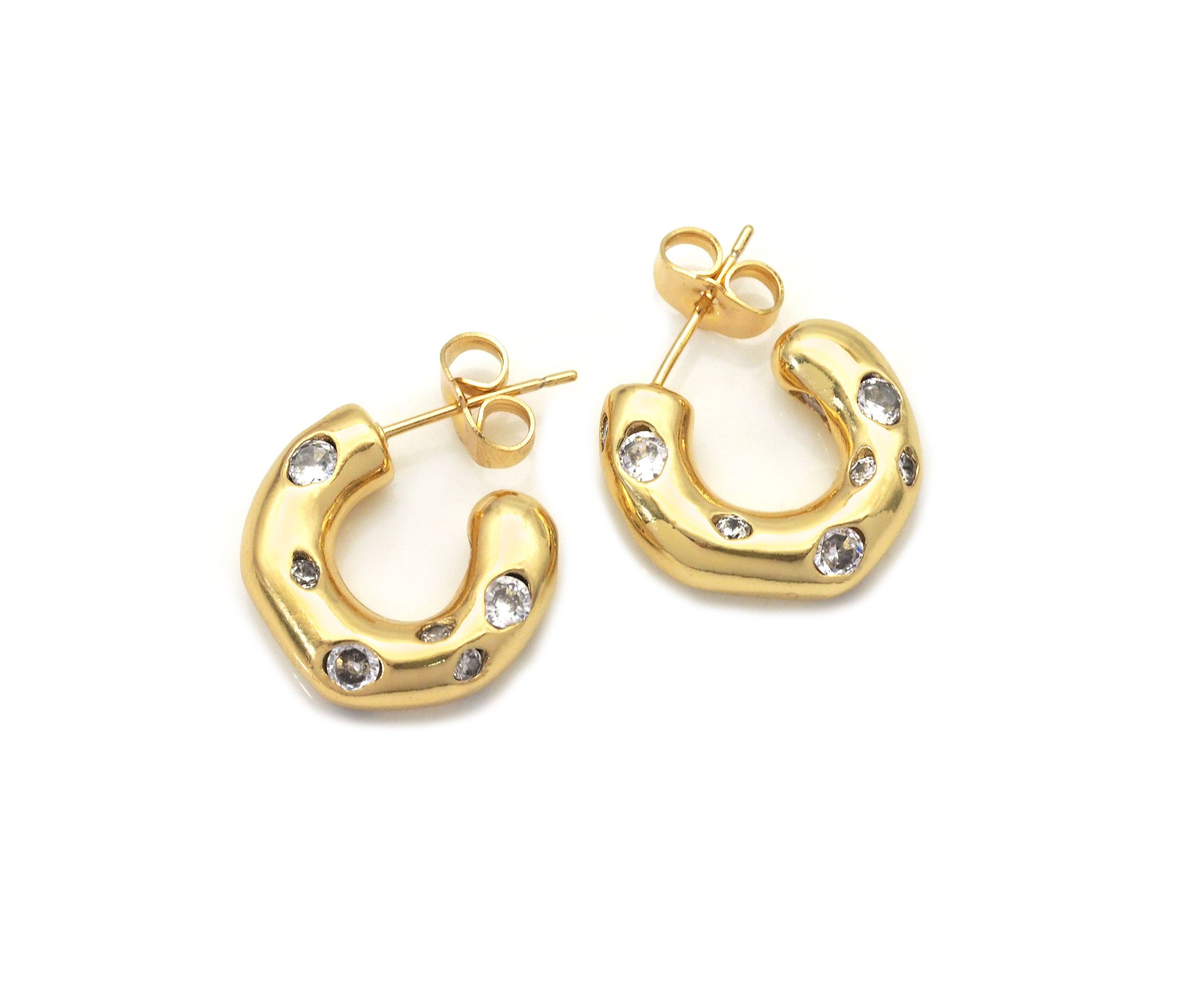 Rainbow Diamond CZ Thick Huggie Earrings, chunky earrings, Sku#LX189