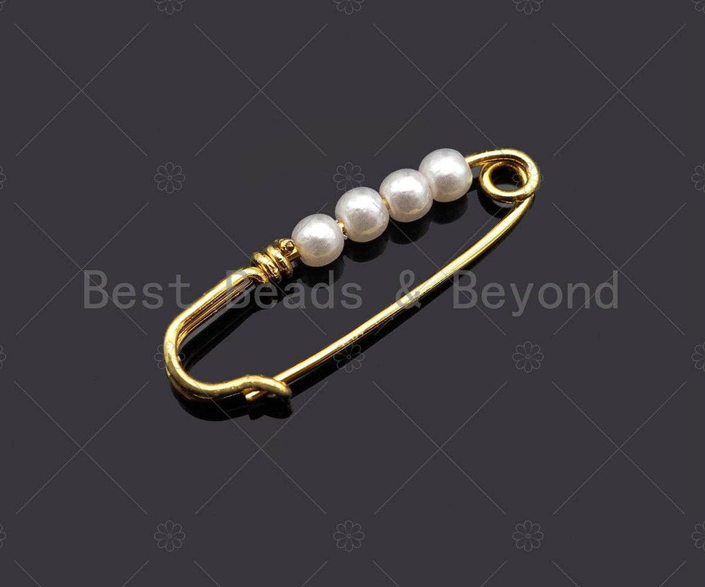 Cute 18K Gold Safety Pin Clasp, Pearl On Clasp Safety Pin, Paper Clip Chain Connector Clasp, 8x24mm, Sku#Y392