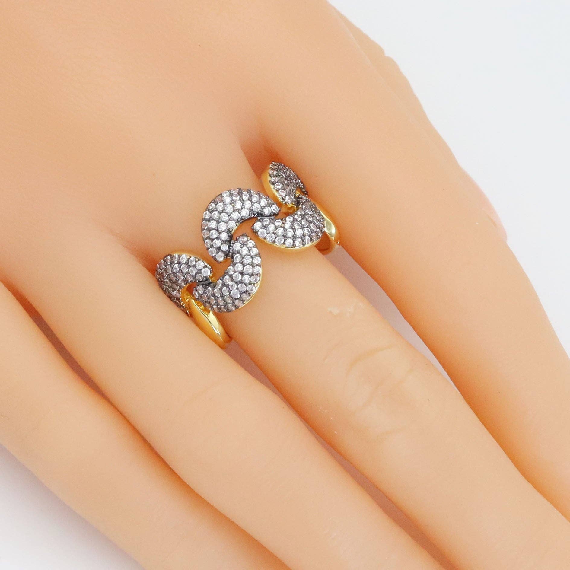 CZ Dual Color Cresent Moon Wave Line Ring, Sku#LX547