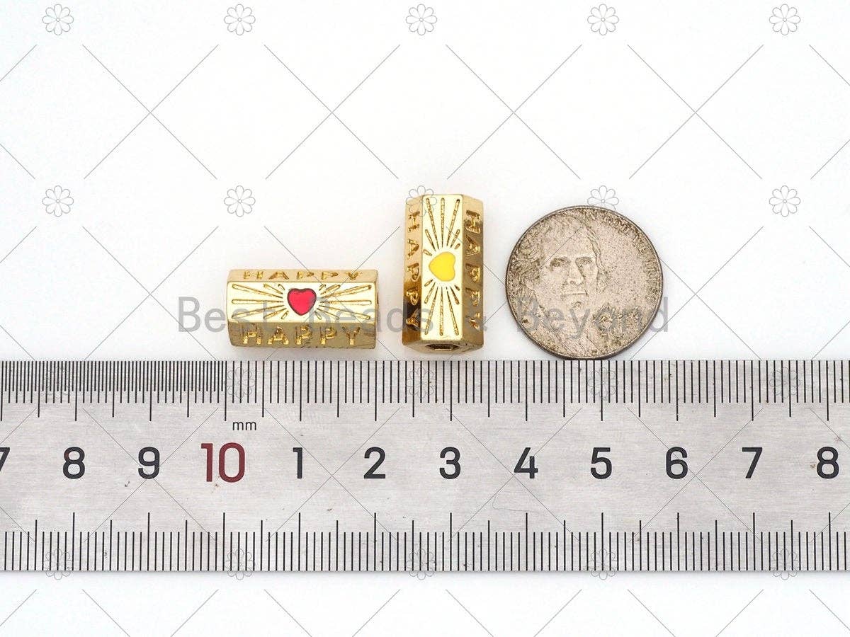 Happy Word with Yellow/Red Enamel Heart On Hexagon Shape Large Hole Tube Spacer Beads, 18K Gold Filled Beads, Tube Spacer,11x20mm, Sku#Y529